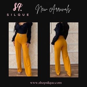 Mustard Pants with gold belt Buckle Wide Leg Pants